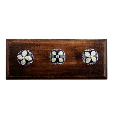 Navy Blue Flower Crackle Ceramic Wooden Hooks